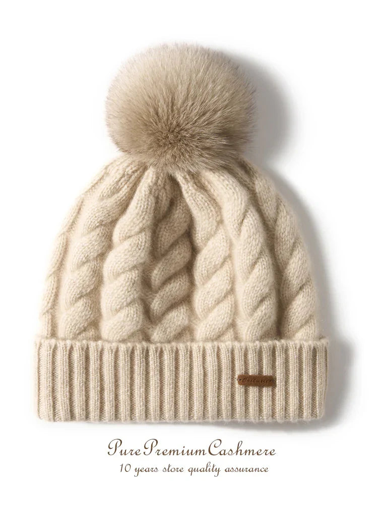 Čepice Elle Cable Cashmere s pomponem